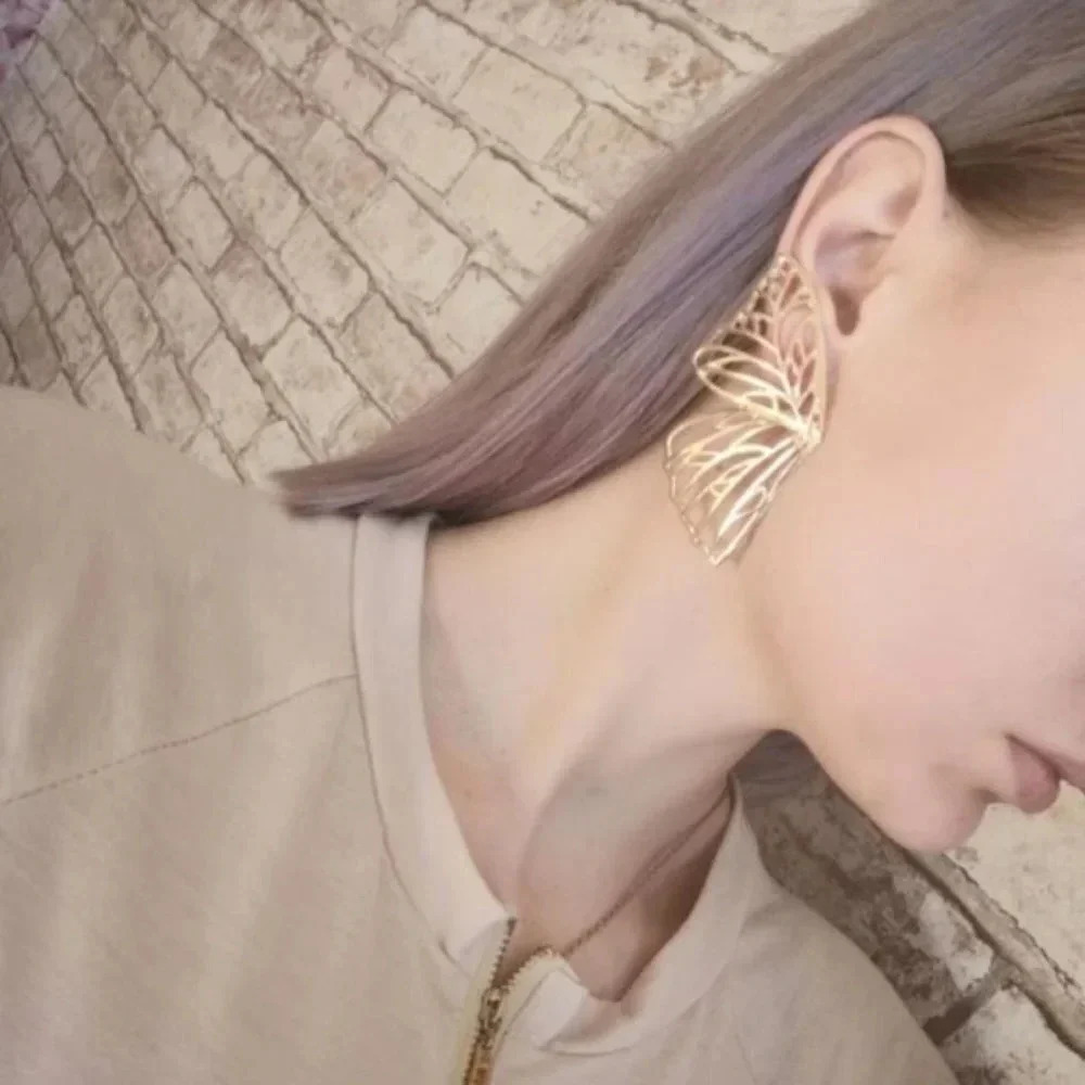 Large Big Gold Butterfly Wings Statement Stud Earrings Gold Statement Earrings - Picture 7 of 7
